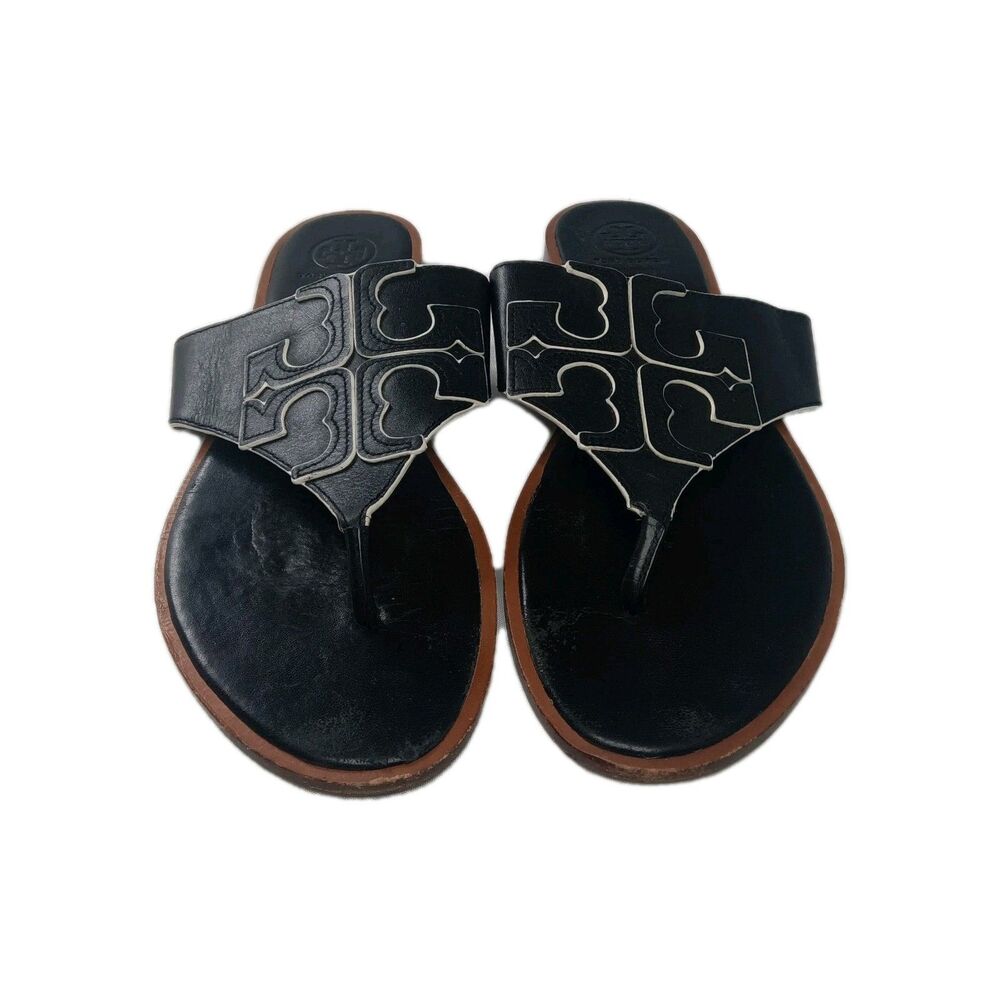 Tory Burch Jamie Full Logo Leather Thong Sandals Women's Size 9 Shoes